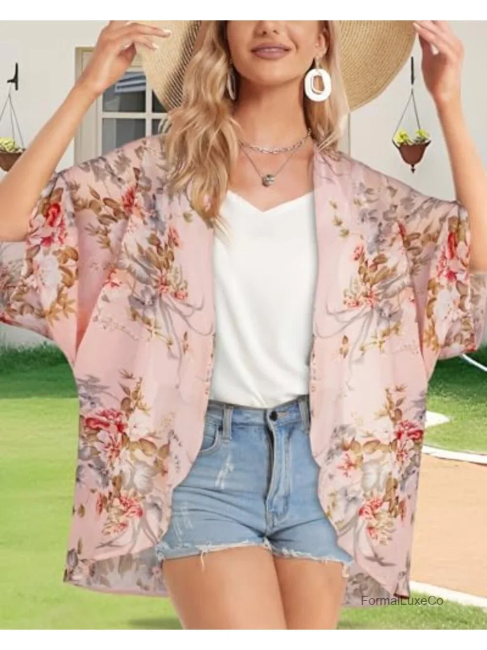 Chiffon Floral Print Puff Sleeve Kimono Cardigan Loose Cover Up Blouse